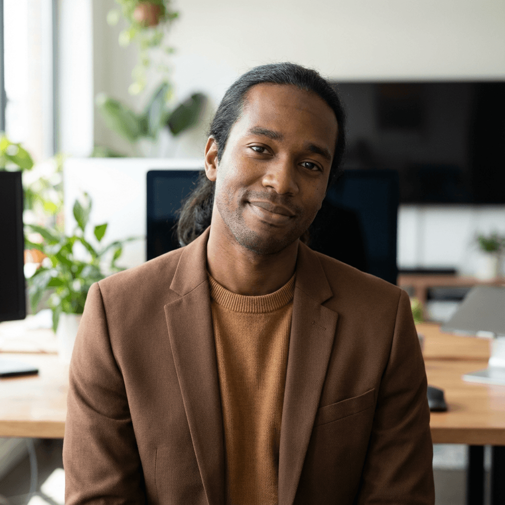 Kevin Osei standing confidently in a modern office