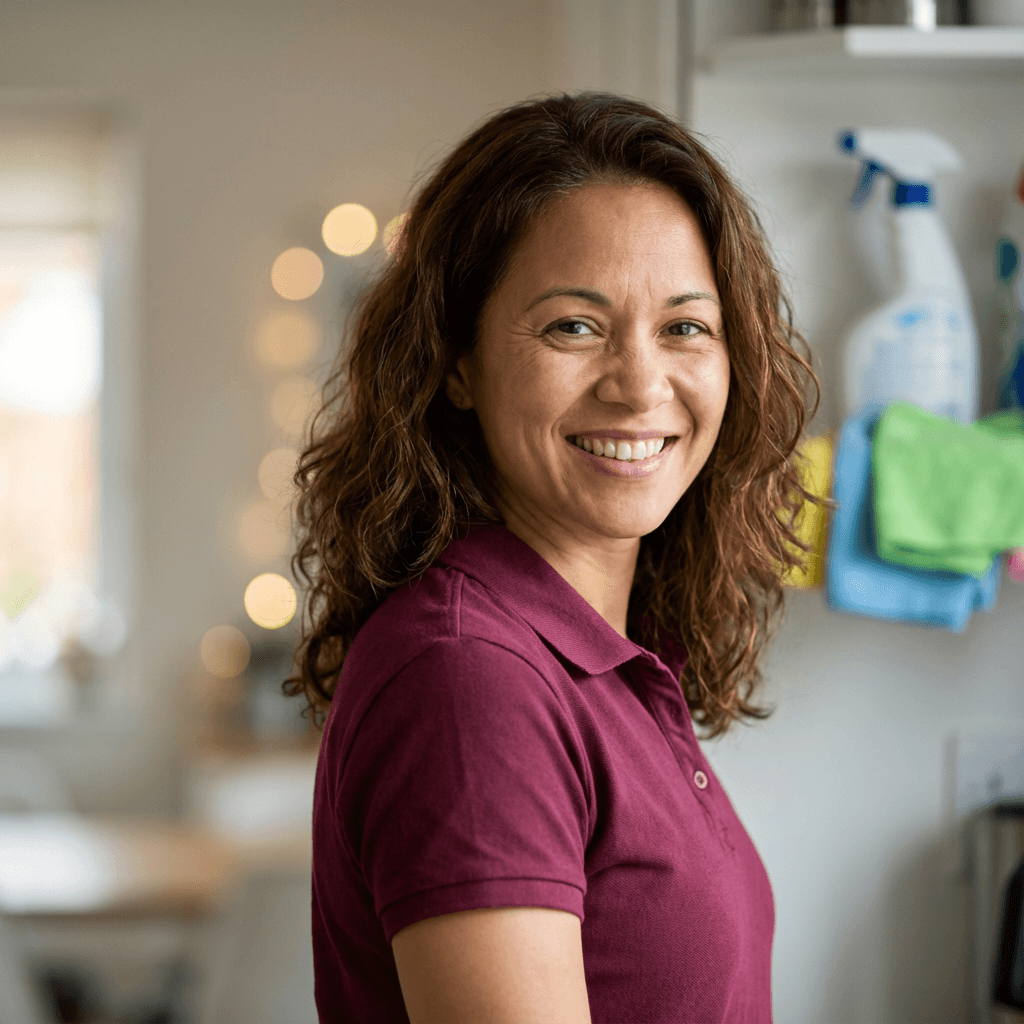 Lorraine Gomez smiling warmly in a kitchen holding a mug