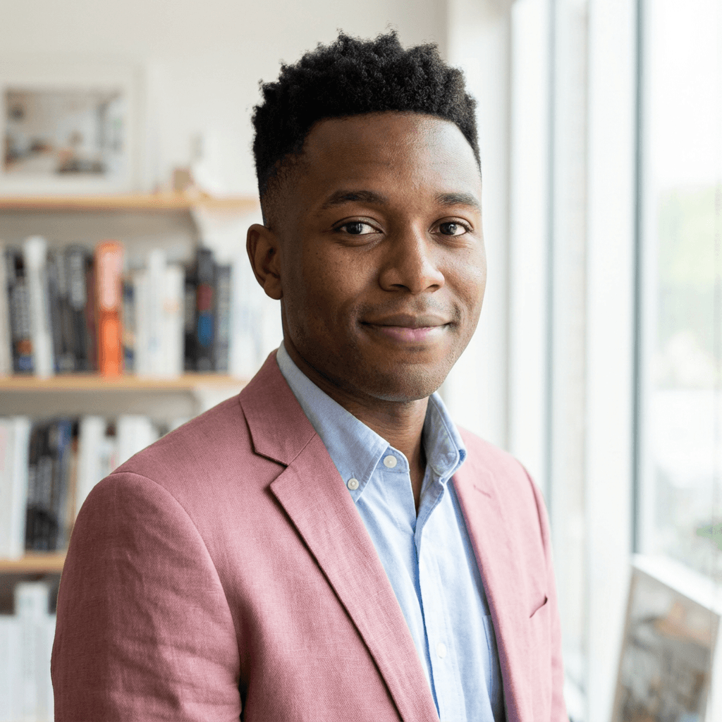 Marcus Bell smiling inside a retail store with shelves in background
