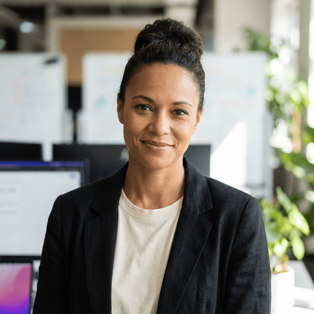 Professional woman in her 40s, business casual attire, standing in a bright office