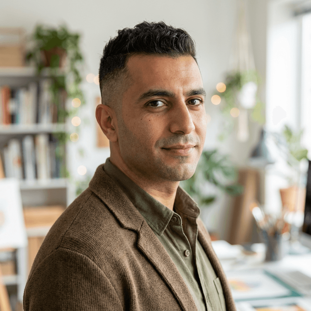 Man in his 30s, casual style, smiling in a bright living room