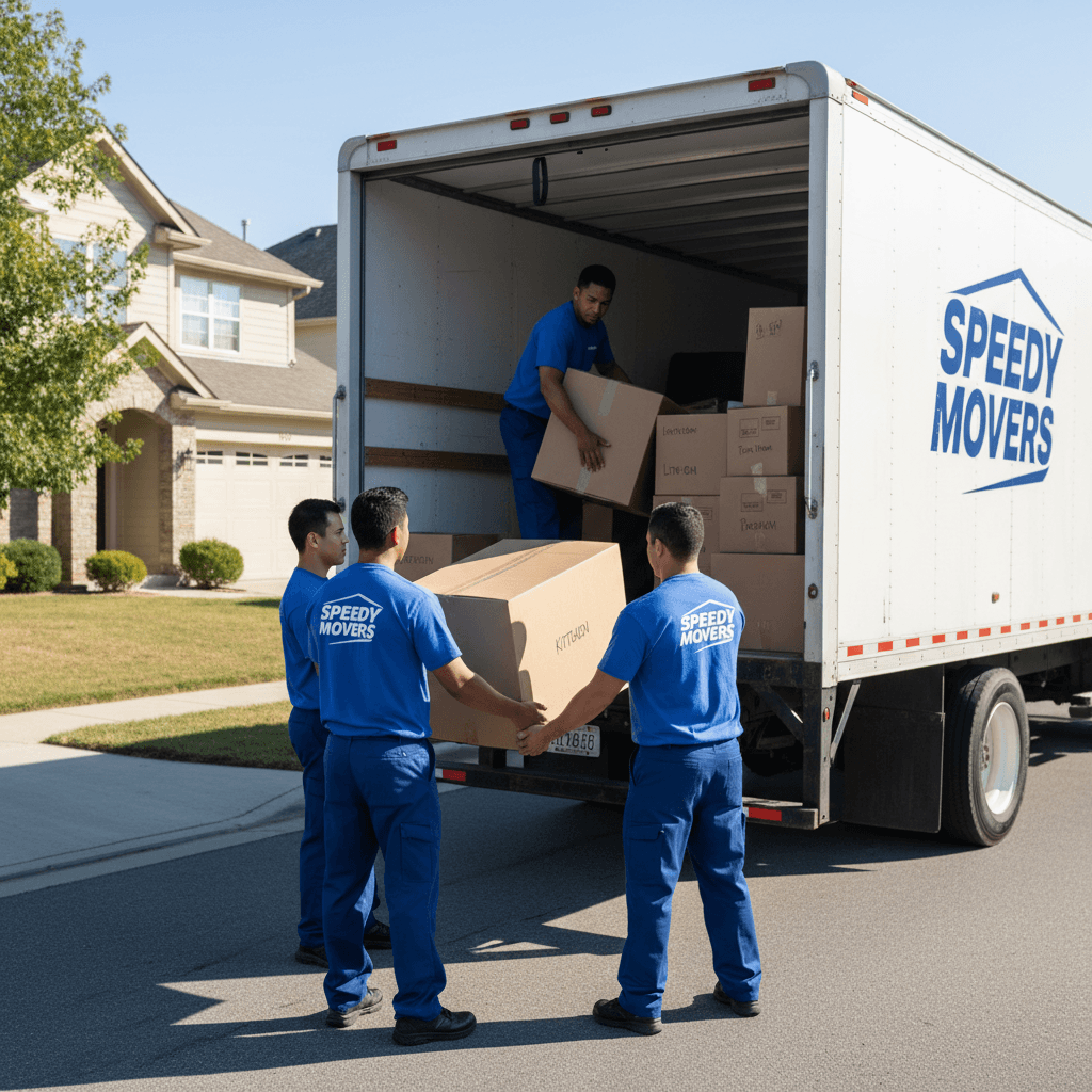 Professional movers loading boxes into a moving truck