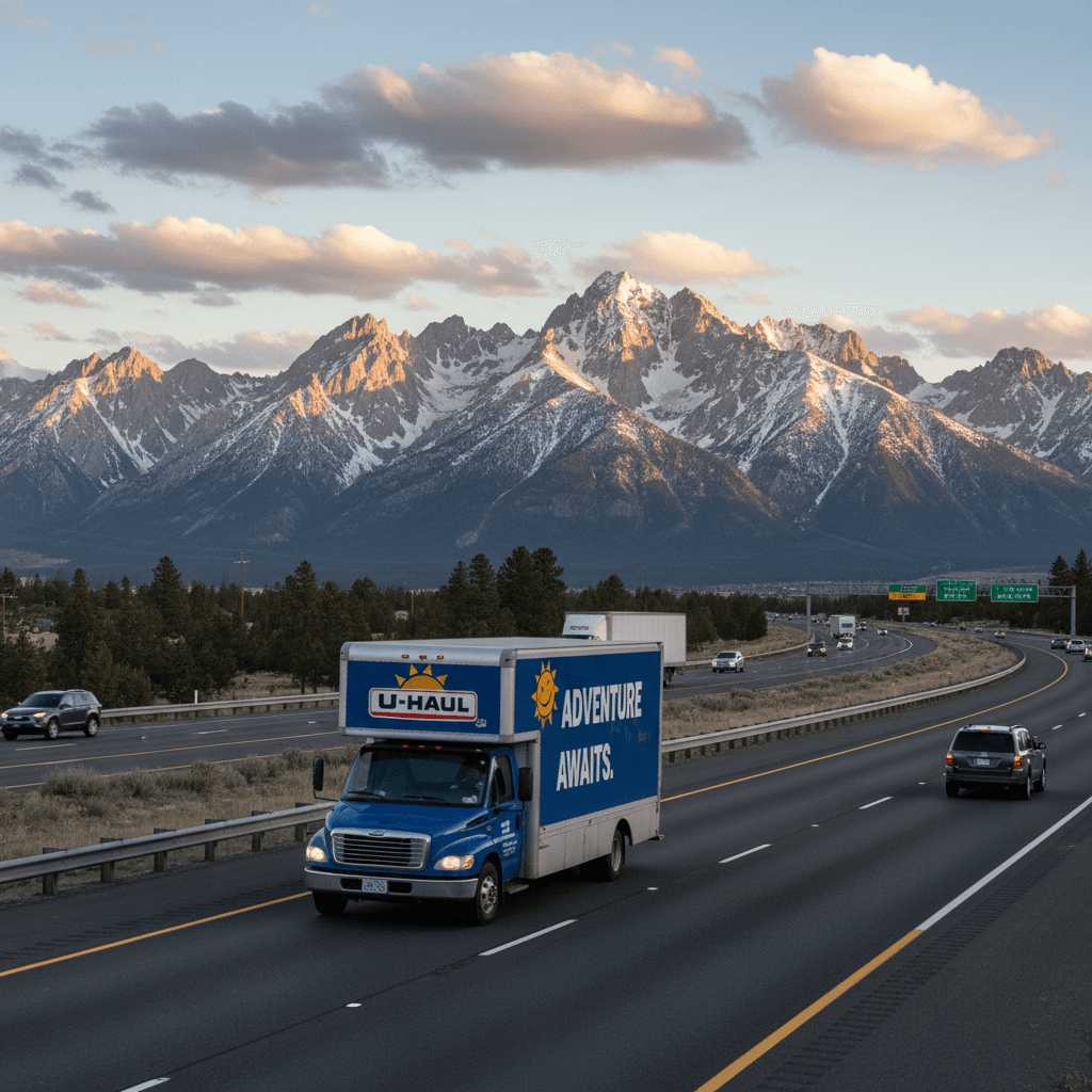 White moving truck driving along a highway with mountains in the background