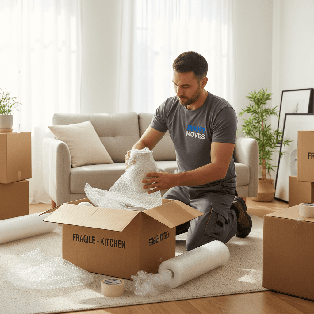 Professional mover wrapping fragile items in bubble wrap inside a bright living room