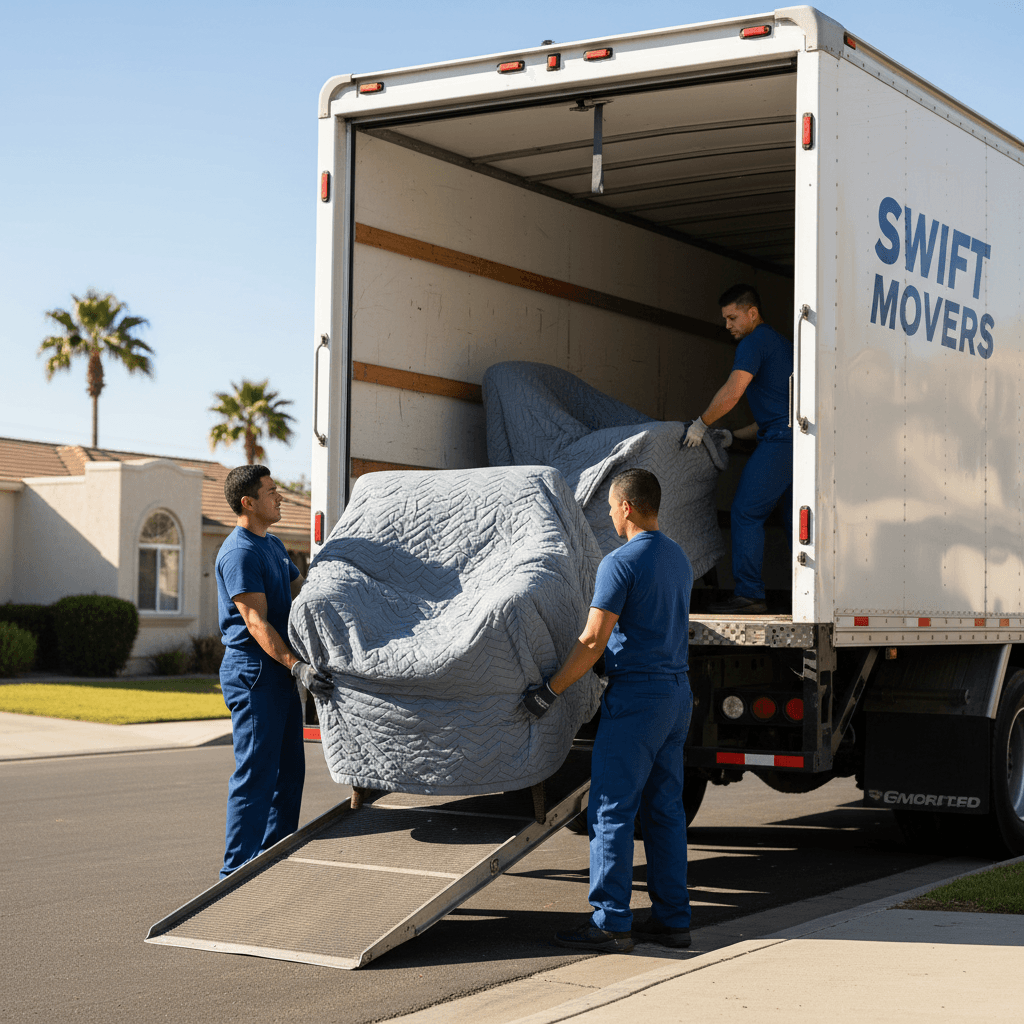 Two movers carrying a padded sofa into a moving truck on a sunny day