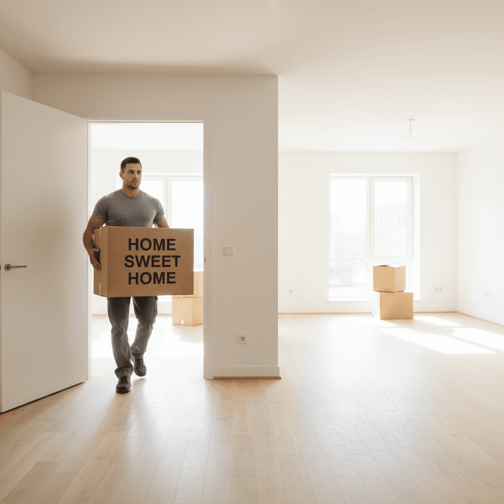 Mover carrying a cardboard box into a bright, empty new home