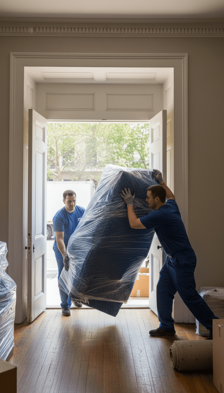 Movers carrying wrapped furniture into a home