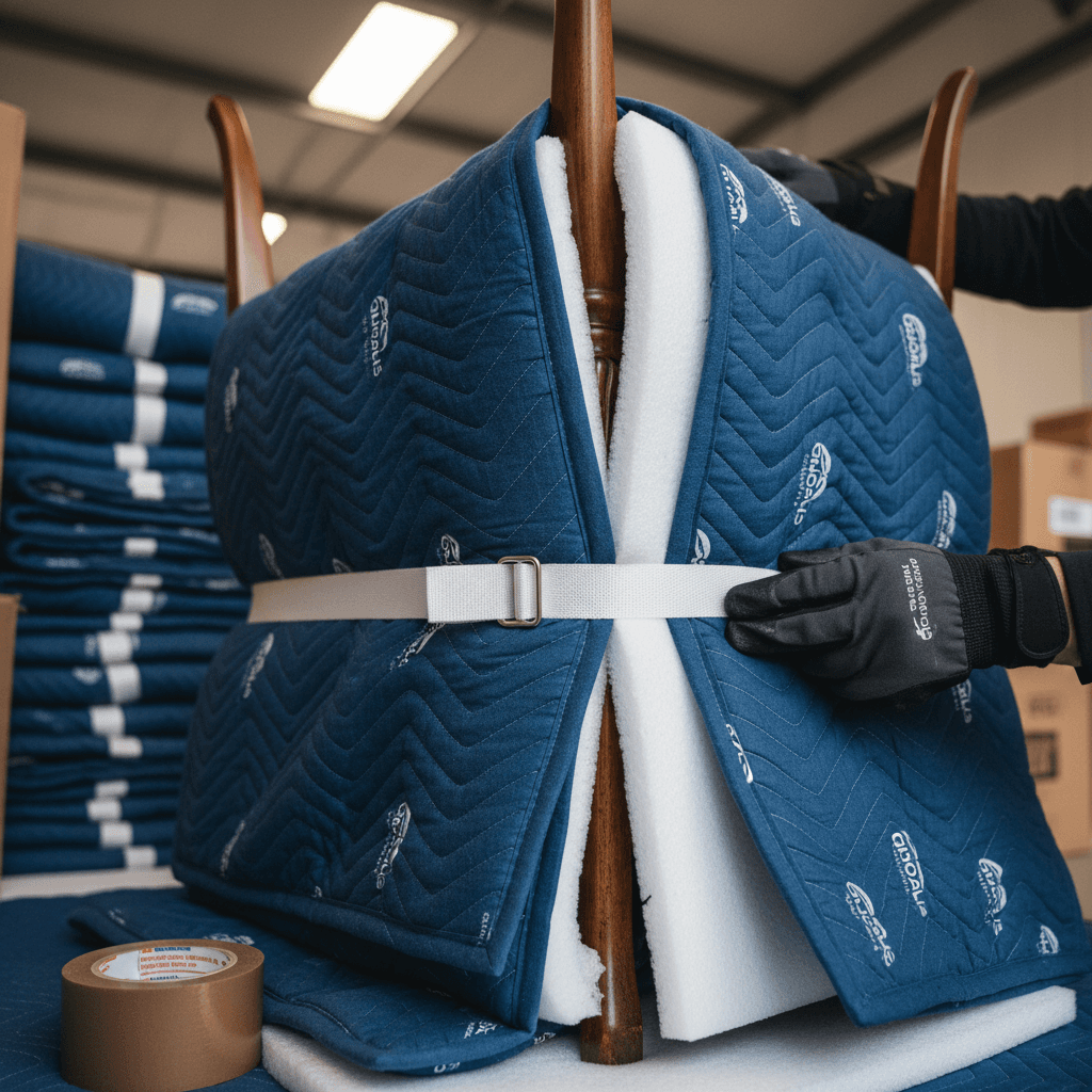 Professional movers wrapping office furniture in a commercial workspace