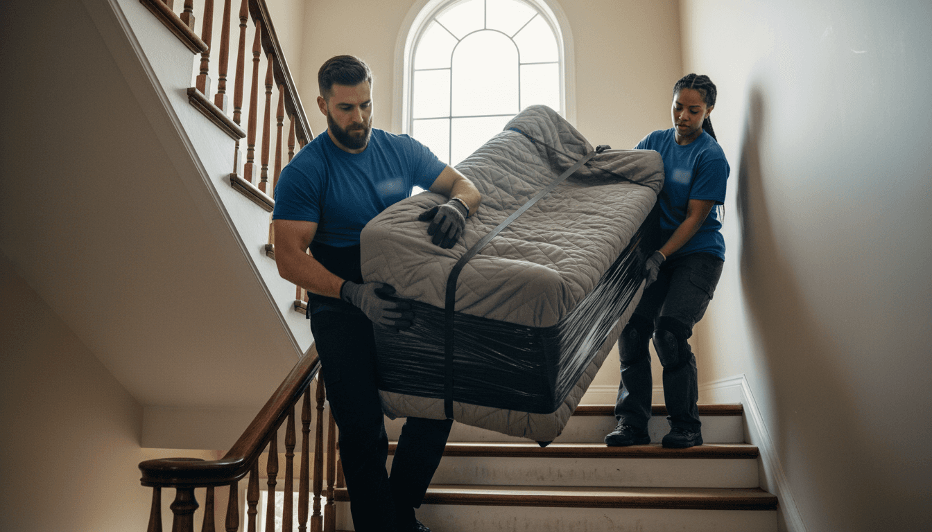 Two movers carrying a sofa up a ramp into a moving truck