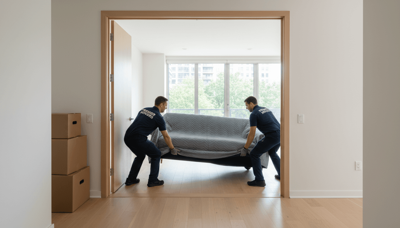 Mover carrying cardboard boxes into a new home through the front door