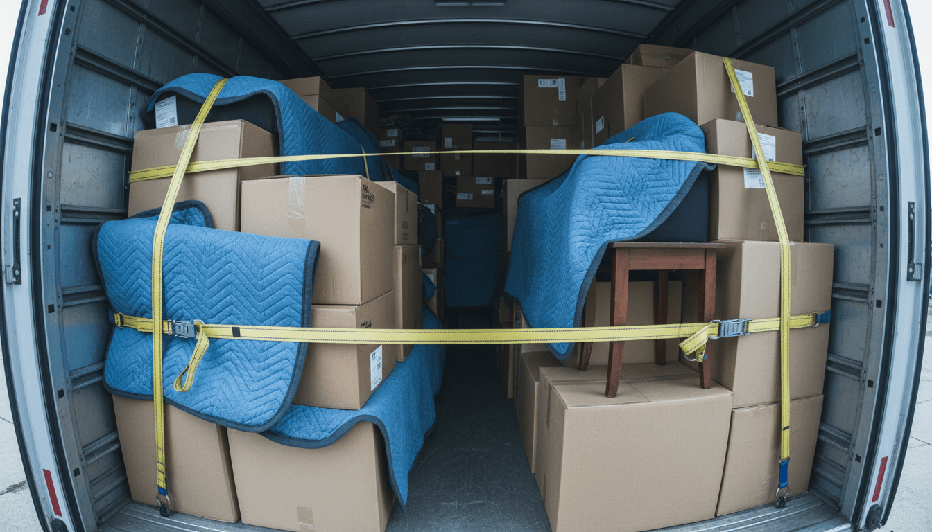 Professional movers carrying boxes into a moving truck