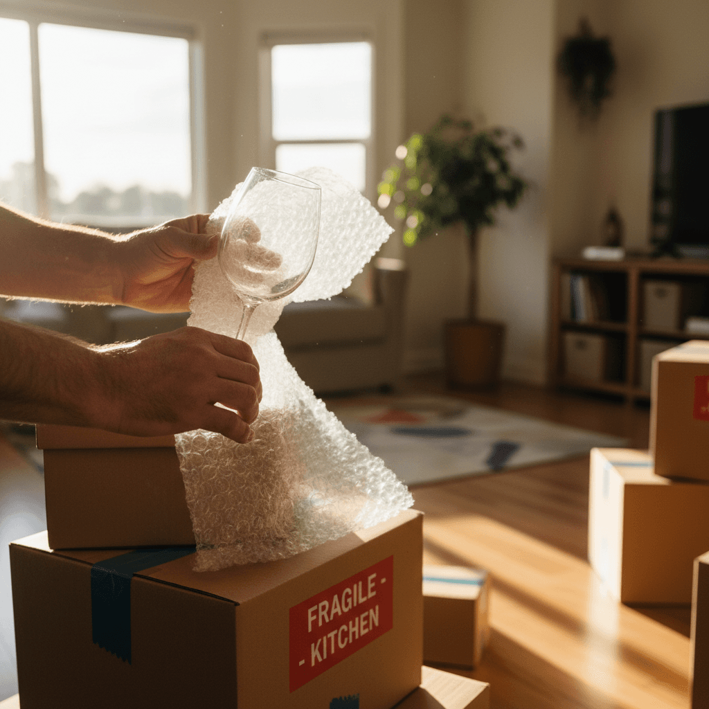 Professional mover wrapping dishes and packing them into a cardboard box
